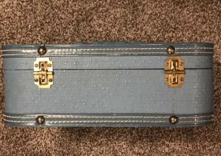 Vintage Mid Century Art Deco Blue Vanity Make Up Over Night Train Case Luggage 5