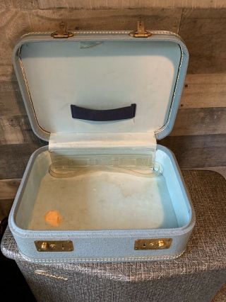 Vintage Mid Century Art Deco Blue Vanity Make Up Over Night Train Case Luggage 7