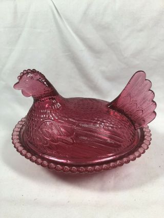 Vintage Cranberry Indiana Glass 7 " Hen On Nest