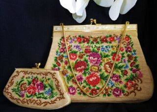 Antique Victorian Petit Point Floral Purse Handbag,  Matching Coin Purse Vintage