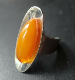 Vintage Baltic Amber Stainless Steel Modernist Wide Statement Ring - A40