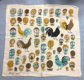 Vtg Mid Century Hanky Handkerchief Artist Signed Tammis Keefe Roosters Abstract