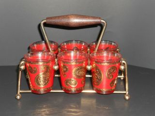 Vintage Culver Red Gold Paisley 6 Shot Glasses W/caddy