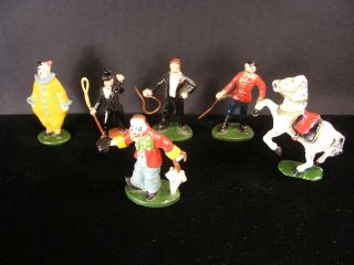 (6) Vintage Wend - Al Timpo Toy Circus Figures Ring Master Clowns Horse Lion Tamer