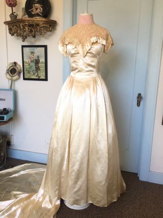 Vintage 1940s Liquid Satin Sleeveless Wedding Dress With Long Train