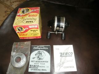 Early Vintage Chrome & Black Zebco 33 Spinning Reel W/box,  Paperwork Very