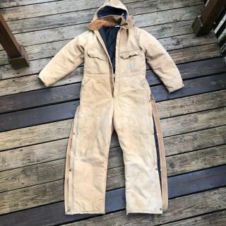 Vintage Men Carhartt Full Brown Zip Insulated Jumpsuit Winter Work Coveralls 44r