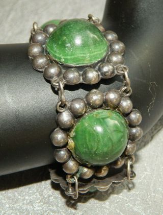 Antique Sterling Mexican Bracelet Green Jade Art Deco Vintage Taxco Silver 05