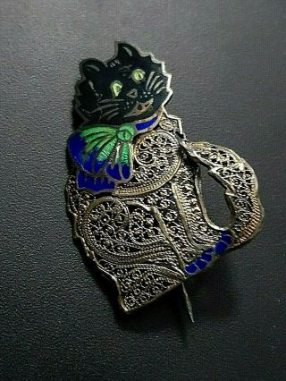 Vintage Surprised Cat Silver Filigree Enamel Miniature Brooch