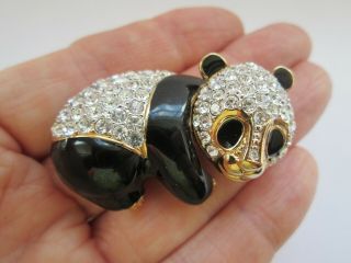Vintage Signed Attwood & Sawyer Gold Jet Enamel Clear Glass Panda A&s Brooch Pin