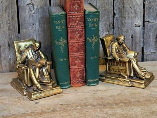 Vintage Solid Brass Bookends Man Reading Books In Chair Pm Craftsman