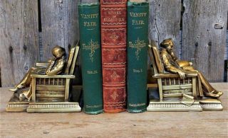 Vintage Solid Brass Bookends Man Reading Books in Chair PM Craftsman 2