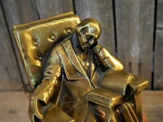Vintage Solid Brass Bookends Man Reading Books in Chair PM Craftsman 3