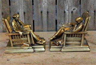 Vintage Solid Brass Bookends Man Reading Books in Chair PM Craftsman 4