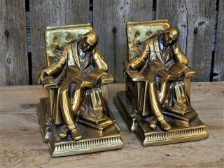 Vintage Solid Brass Bookends Man Reading Books in Chair PM Craftsman 5