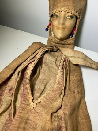 Vtg Antique Cloth Doll Boudoir Painted Face Holder Hanger Laundry Bag Old Odd