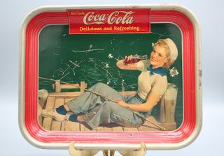 Vintage 1940 Coca - Cola Serving Tray With Sailor Girl Fishing - Pin - Up Art