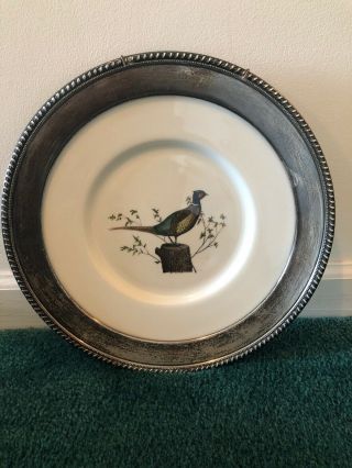Vintage Frank Whiting Pheasant W/sterling Silver Pierced Floral Rim China Plate