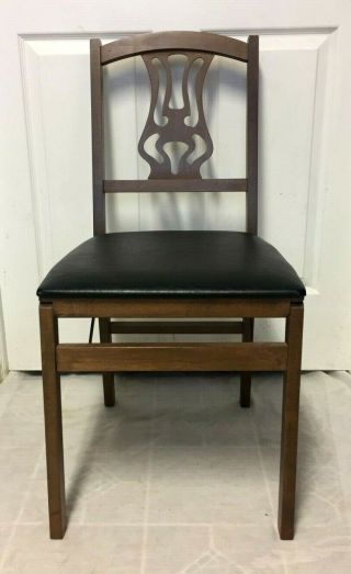 Vintage Retro Walnut Wood Upholstered Folding Chair With Black Seat - L@@k