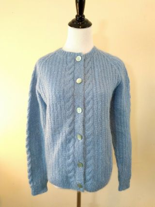 Vintage Hand Knit Mohair Blue Cardigan Sweater