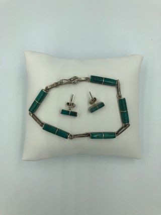 Vintage Mexico 950 Sterling Linked Bracelet W/malachite And Matching Earrings
