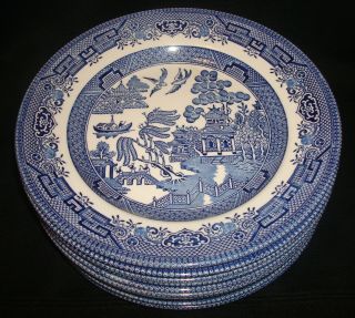 10 Vintage Churchill England Blue Willow Porcelain 8” Salad Lunch Plates Set