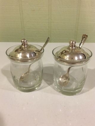 Vintage Sterling Silver / Glass Jelly Jars With Spoons And Lids
