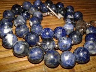 Old Lapis Bead Necklace Vintage Handmade 18 " L Sterling Silver