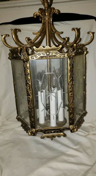 Vintage Hollywood Regency Filigree Gold Swag Hanging Chandelier Light Fixture