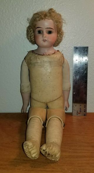 Antique German Porcelain Doll Kid Body Princess Leia Buns Mohair Wig