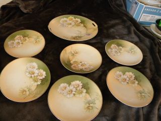 Vintage Rs Tillowitz Selesia Hand Painted Daisy Cake Plate W/6 Desert Plates