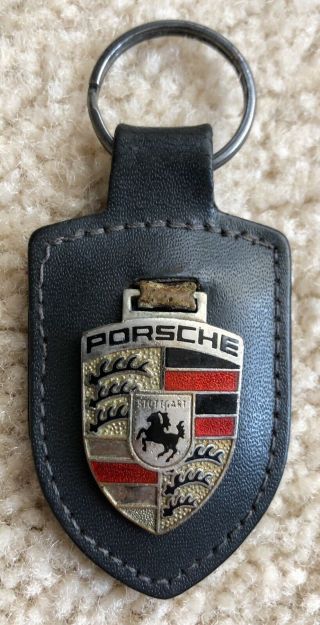 Vintage Porsche Crest Leather Keychain With Emblem