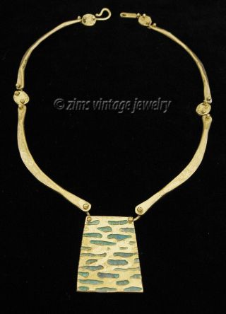 Vintage Anne Dick Modernist Brutalist Bronze Turquoise Enamel Pendant Necklace