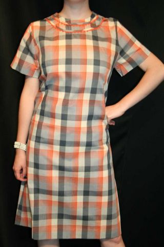 M L NOS Gray Orange Plaid Vtg 1950s 1960s A - Line Carolina Maid 50s 60s Day Dress 8