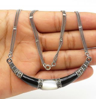 925 Silver - Vintage Black Onyx & Mother Of Pearl Inlay Chain Necklace - N2391