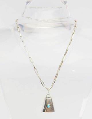 Vintage Sterling Silver Turquoise Native American Cow Bell Pendant Necklace