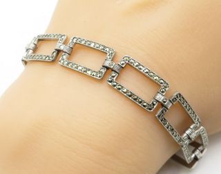 925 Sterling Silver - Vintage Marcasite Open Square Link Chain Bracelet - B4232
