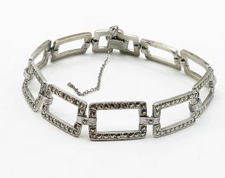 925 Sterling Silver - Vintage Marcasite Open Square Link Chain Bracelet - B4232 3