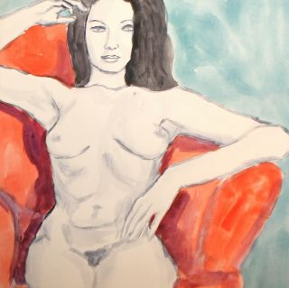 Vintage Watercolor Painting Impressionist Nude Woman Portrait