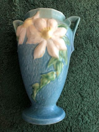 Vintage Roseville Pottery Blue With White Floral Vase 10.  5” 111 - 10