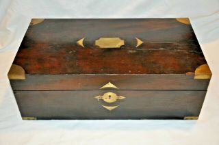 Vintage Wood Lap Storage Or Antique Writing Desk With Brass Inlays And Latches
