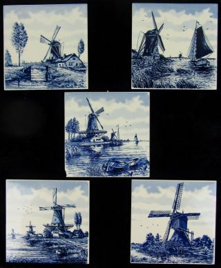 5 Vintage Delft Blue Hand Painted Holland Windmill / Sailboat 6” Ceramic Tiles