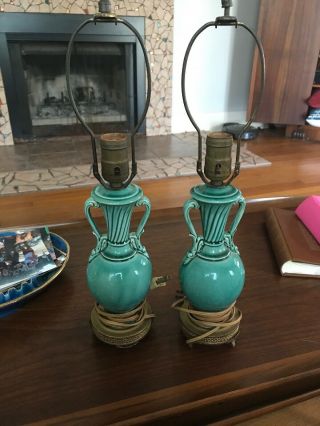 Vintage Green Glaze Ceramic Table Lamps Pair 6
