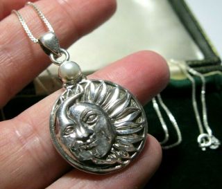 Vintage Style Sterling Silver Crescent Moon & Sun Real Pearl Pendant Necklace