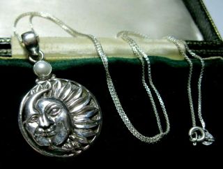 Vintage Style Sterling Silver Crescent Moon & Sun Real Pearl Pendant Necklace 2