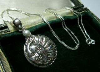 Vintage Style Sterling Silver Crescent Moon & Sun Real Pearl Pendant Necklace 3