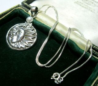 Vintage Style Sterling Silver Crescent Moon & Sun Real Pearl Pendant Necklace 4