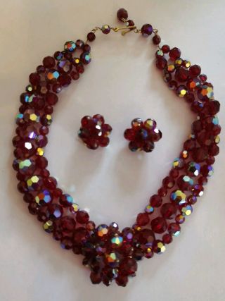 Vintage Red Aurora Borealis Necklace And Clip On Earrings Set