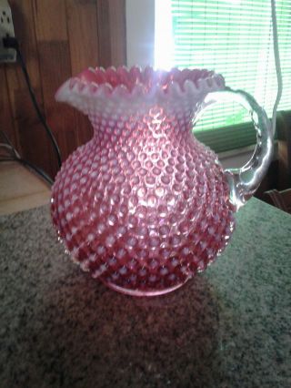 Vintage Fenton Cranberry Opalescent Hobnail Large Pitcher With Clear Handle