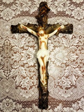 Vintage Crucifix Sculpture Jesus On Cross Religious Chalkware 24 " X 14 "